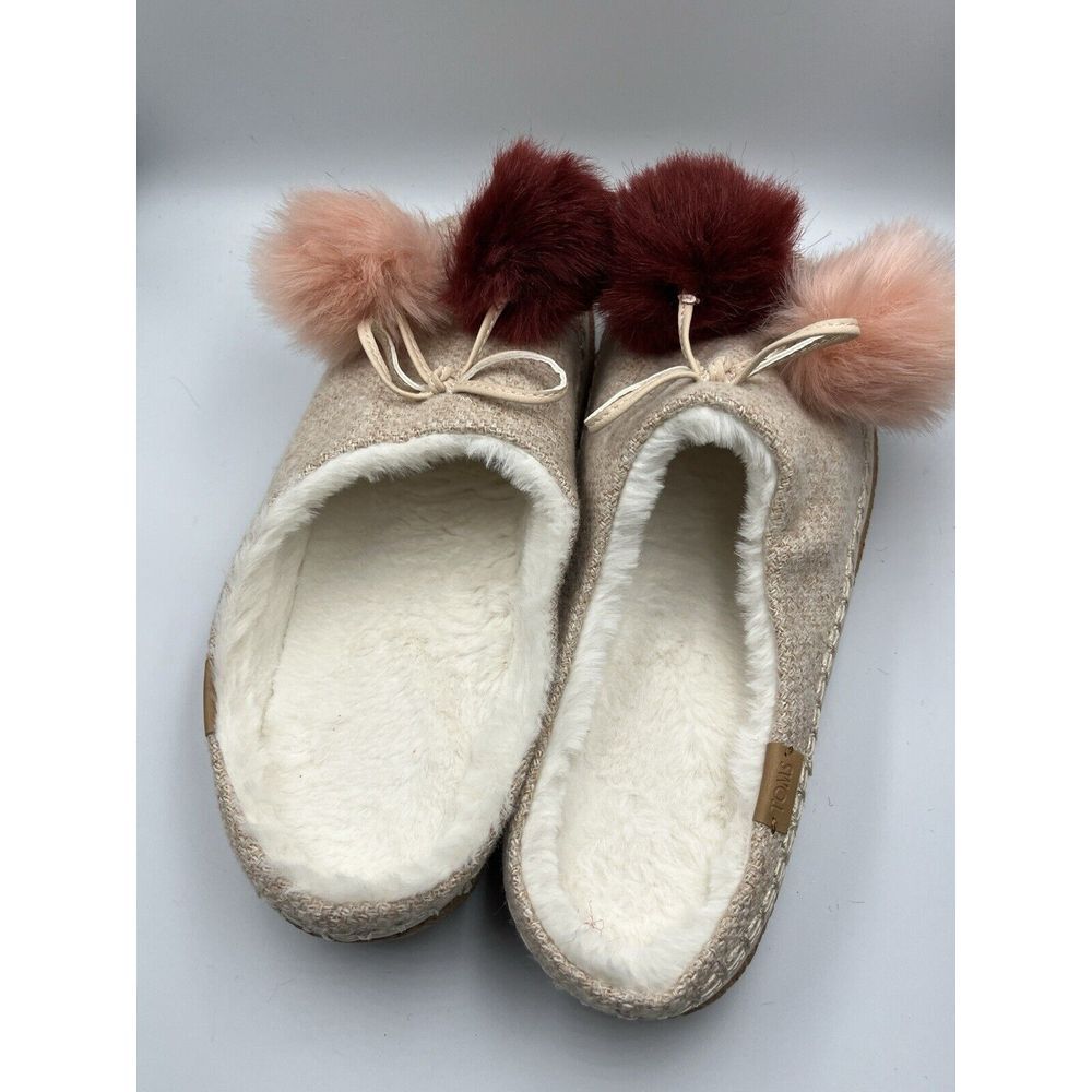 Toms Women's Slippers with Faux Fur Pom Poms - Cream and Pink - Picture 3 of 6